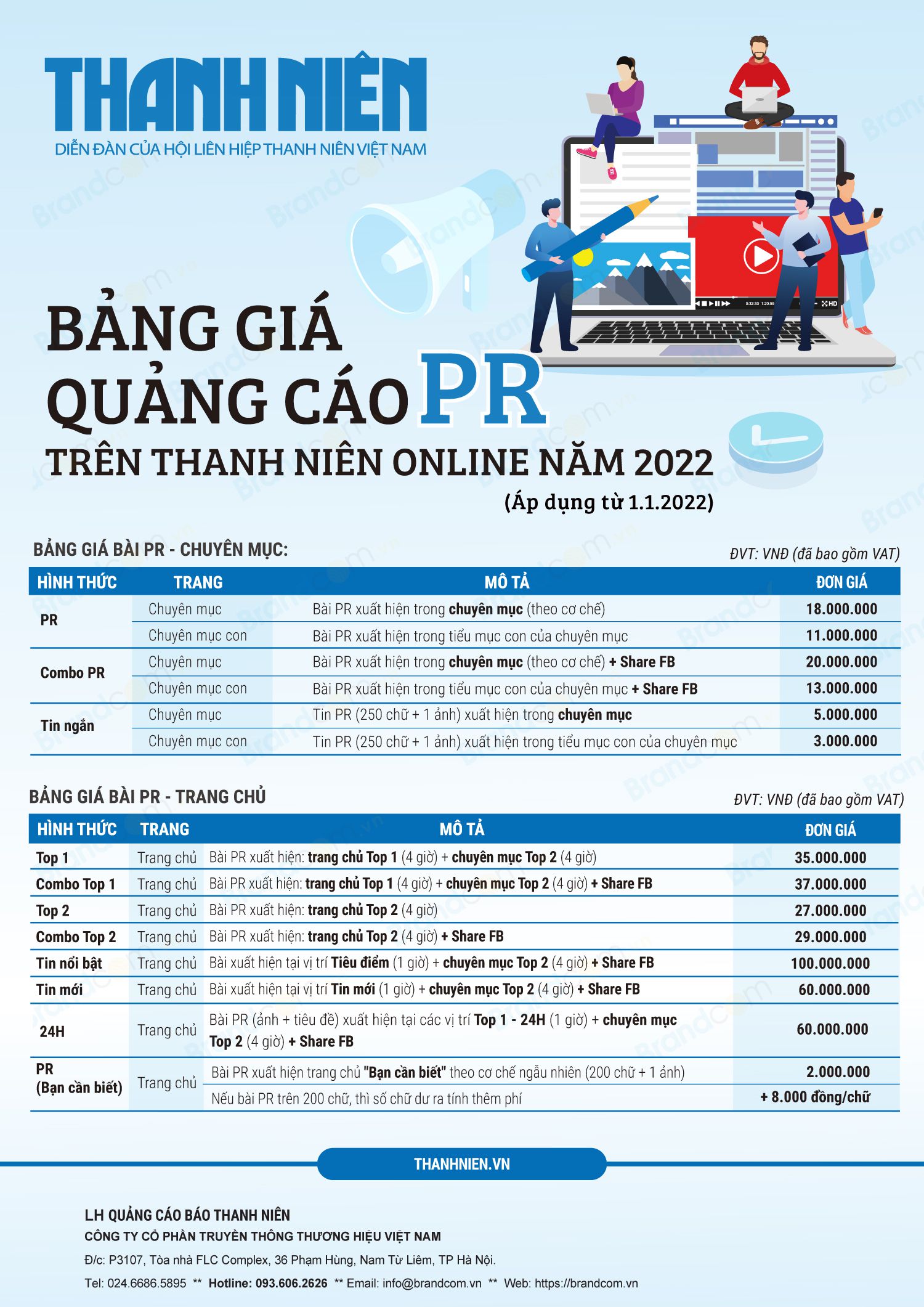 Bảng giá quảng cáo PR trên báo thanh niên online năm 2022