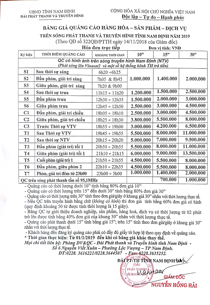 Báo giá quảng cáo truyền hình Nam Định